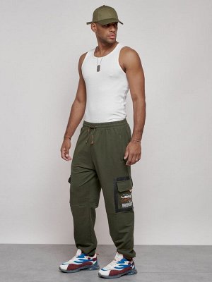 Широкие спортивные брюки трикотажные мужские цвета хаки 12908Kh