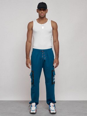 Широкие спортивные брюки трикотажные мужские синего цвета 12908S