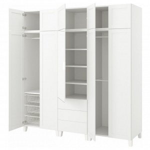 PLATSA, шкаф-купе с 10 дверцами + 3 выдвижными ящиками, белое зеркальное стекло STRAUMEN /SANNIDAL white, 220x57x231 см