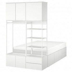 PLATSA, каркас кровати с 8 дверцами + 4 выдвижными ящиками, белый / Fonnes, 142x244x223 см