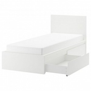 MALM, каркас кровати, высокий, с 2 ящиками для хранения, белый /Lur?y, 90x200 см