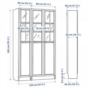 IKEA БИЛЛИ ОКСБЕРГ, книжный шкаф с филенчатыми/стекл дверцами, белый/стекло, 120x30x202 см,