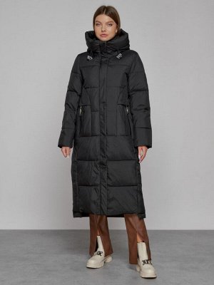Пальто утепленное с капюшоном зимнее женское черного цвета 51156Ch