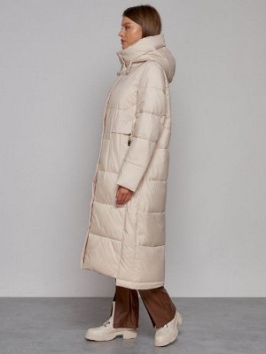 Пальто утепленное с капюшоном зимнее женское бежевого цвета 51156B