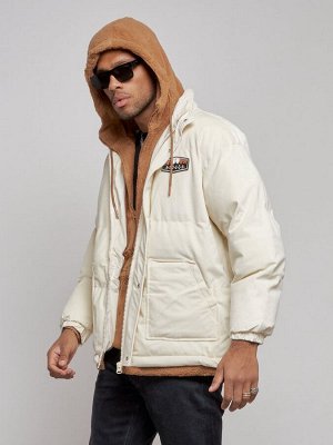 Плюшевая куртка мужская с капюшоном молодежная бежевого цвета 28117B