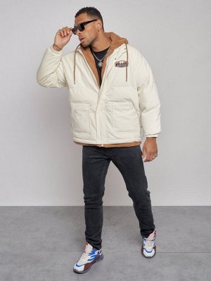Плюшевая куртка мужская с капюшоном молодежная бежевого цвета 28117B