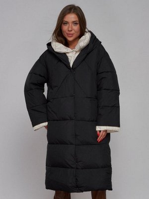 Пальто утепленное молодежное зимнее женское черного цвета 52395Ch