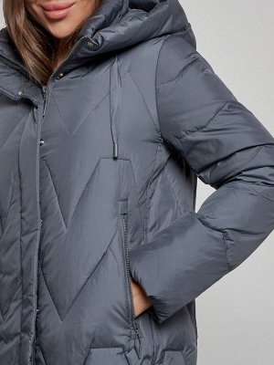 Пальто утепленное молодежное зимнее женское темно-синего цвета 586828TS