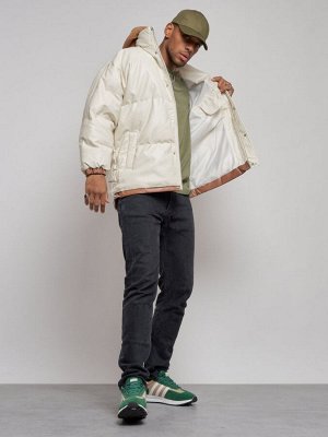 Куртка из экокожи мужская с плюшевым капюшон бежевого цвета 28132B