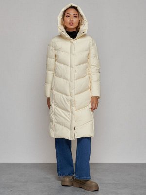 Пальто утепленное молодежное зимнее женское светло-бежевого цвета 52325SB
