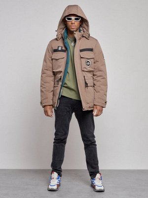 Куртка мужская зимняя с капюшоном молодежная коричневого цвета 88911K
