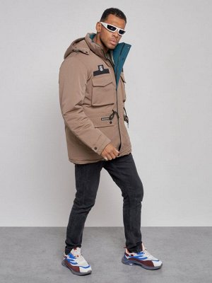 Куртка мужская зимняя с капюшоном молодежная коричневого цвета 88911K