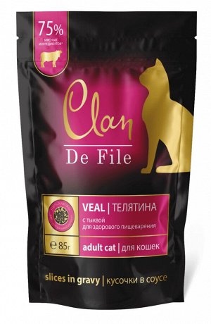 CLAN De File Пауч кусочки в соусе для кошек, Индейка, креветка и семя льна, 85 гр 1/14