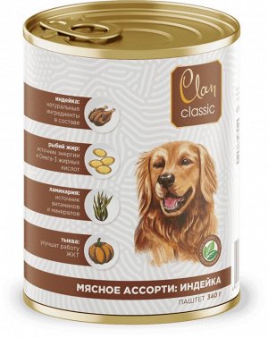 Clan CLASSIC Паштет для взрослых собак всех пород, Мясное ассорти с индейкой, морковью и тыквой, ж/б 340 гр 1/9