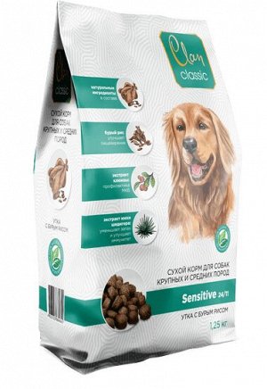CLAN CLASSIC Sensitive-24/11 Сухой корм для собак крупных и средних пород, утка с бурым рисом 1,25 кг 1/6