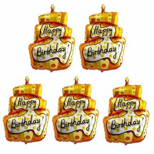 Шар фольгированный 43" «С днём рождения», торт со свечой, набор 5 шт., цвет золотой