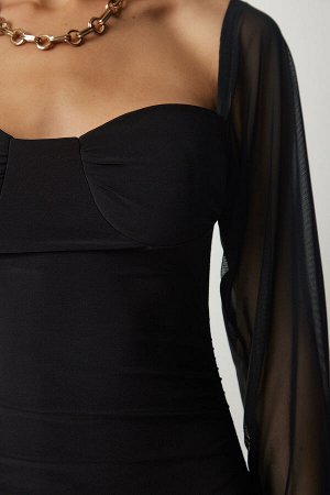 Женское черное платье песочного цвета со сборками и длинными рукавами из тюля YK00071