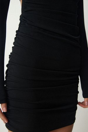 Женское черное платье песочного цвета со сборками и декольте YK00074