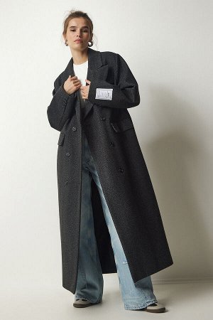 Женское шерстяное кашемировое пальто оверсайз Preimum антрацитового цвета FN03128