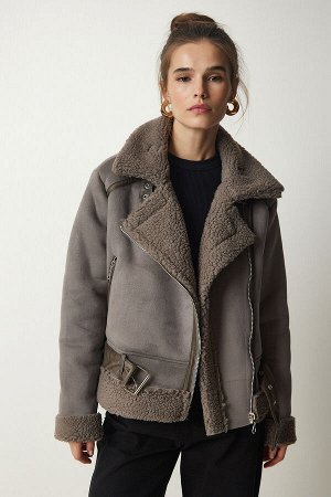 Женское короткое пальто из нубука антрацитового премиум-класса FN03123