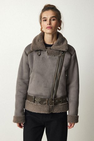 Женское короткое пальто из нубука антрацитового премиум-класса FN03123
