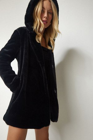 Женское черное меховое плюшевое пальто большого размера с капюшоном RV00148