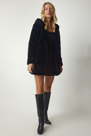 Женское черное плюшевое пальто оверсайз с капюшоном RV00148