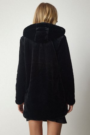 Женское черное плюшевое пальто оверсайз с капюшоном RV00148