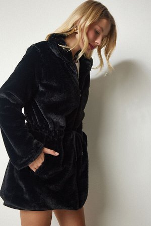 Женское черное меховое плюшевое пальто большого размера на молнии RV00149