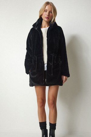 Женское черное меховое плюшевое пальто большого размера на молнии RV00149