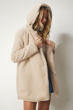 Женское бежевое плюшевое пальто оверсайз с капюшоном RV00148