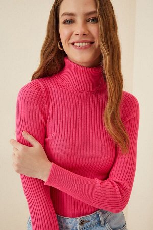 Женский яркий розовый свитер из лайкры с воротником на шнурке DD01007