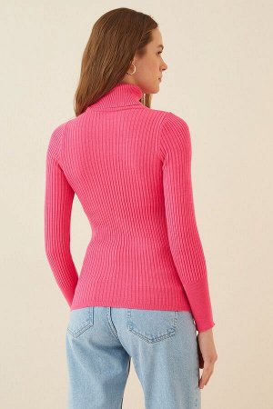 Женский яркий розовый свитер из лайкры с воротником на шнурке DD01007