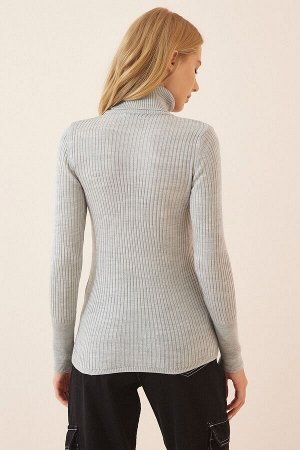Женский светло-серый вязаный свитер из лайкры с высоким воротником DD01007
