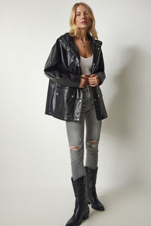 Женское черное пальто из искусственной кожи с капюшоном и карманами TO00096