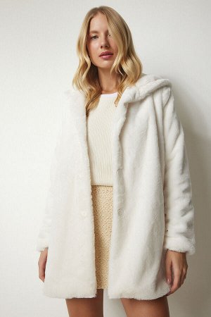 Женское плюшевое пальто цвета экрю с капюшоном оверсайз RV00148
