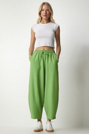 Женские льняные вискозные брюки-шалвар фисташкового цвета с карманами CV00001