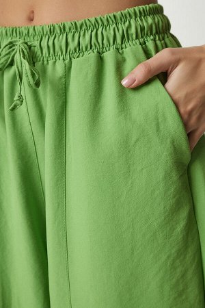 Женские льняные вискозные брюки-шалвар фисташкового цвета с карманами CV00001