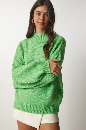 Женский светло-зеленый базовый вязаный свитер с высоким воротником MX00127