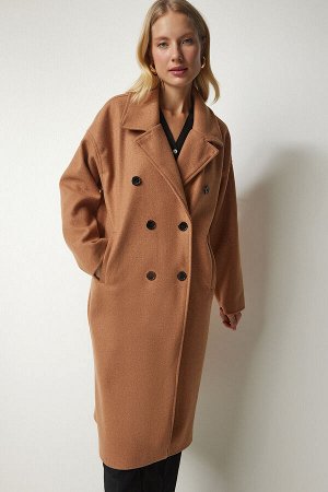 Женское светло-коричневое двубортное пальто оверсайз с воротником mx00138