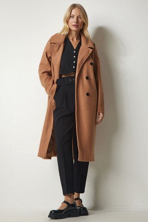 Женское светло-коричневое двубортное пальто оверсайз с воротником mx00138