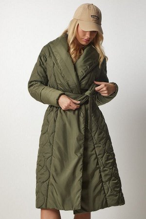 Женское стеганое пальто цвета хаки с поясом и шалевым воротником dz00089