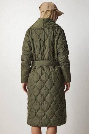 Женское стеганое пальто цвета хаки с поясом и шалевым воротником dz00089 DZ00089