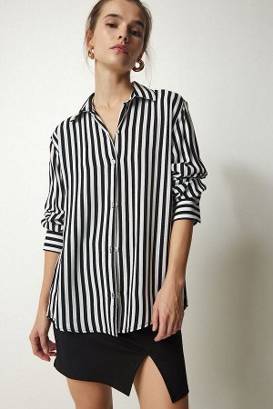Женская рубашка из вискозы черного цвета в полоску цвета экрю UB00195