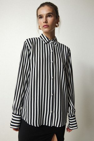 Женская рубашка из вискозы черного цвета в полоску цвета экрю UB00195