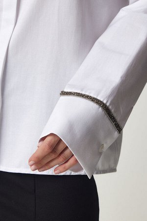 Женская белая стильная рубашка из поплина с каменной вышивкой FN03126