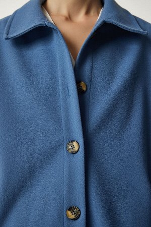 Женская куртка-рубашка оверсайз с карманами индиго синего цвета на пуговицах DD01263
