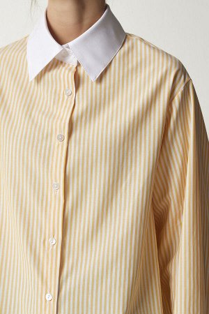 happinessistanbul Женская рубашка из поплина в желтую полоску FN03120