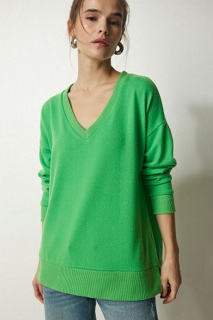 Женский светло-зеленый мягкий вязаный свитер с v-образным вырезом UB00197