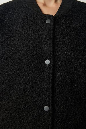 happinessistanbul Женская черная куртка-букле на пуговицах KW00004